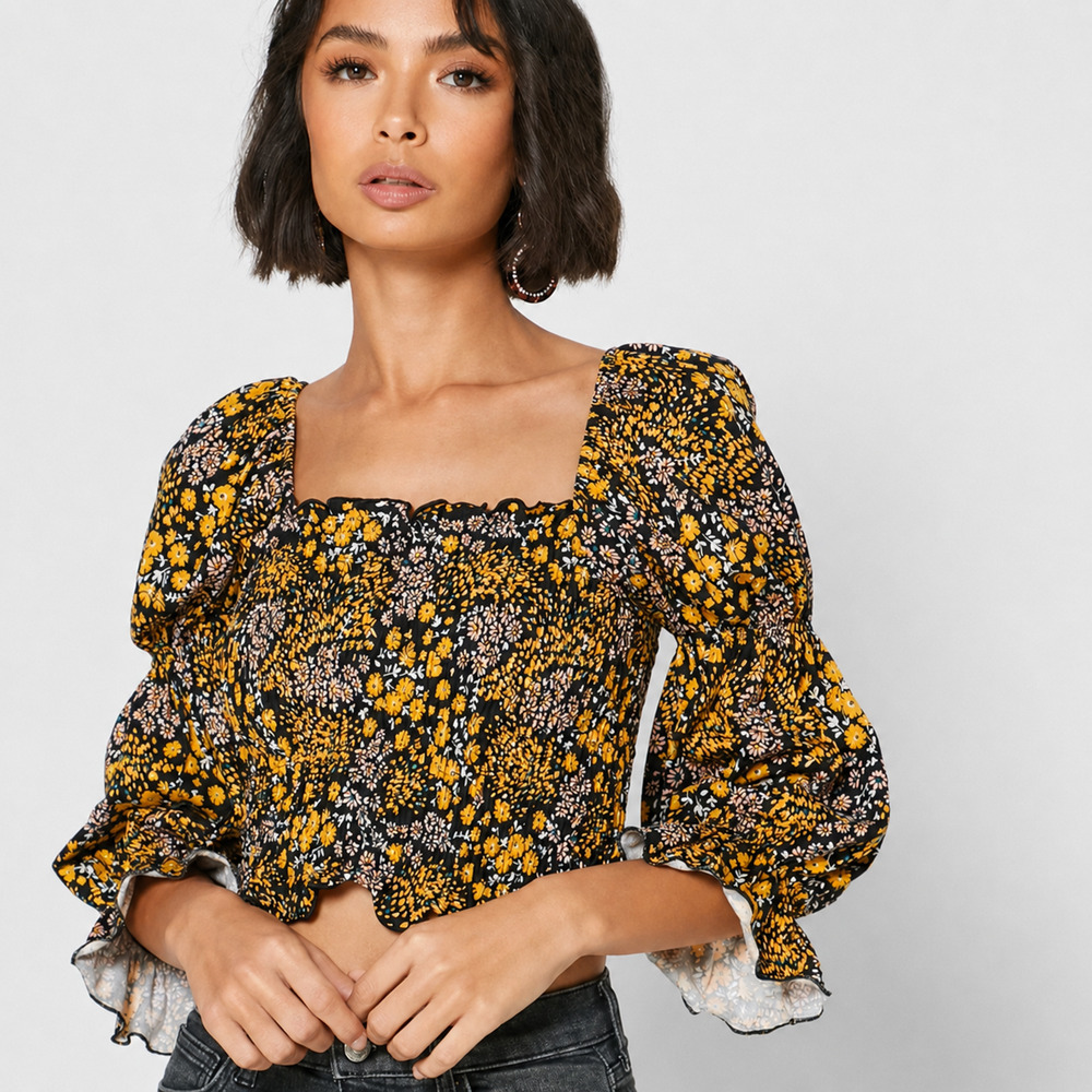 Topshop Floral Puff Sleeve Smocked Crop Top Black Orange Size 4